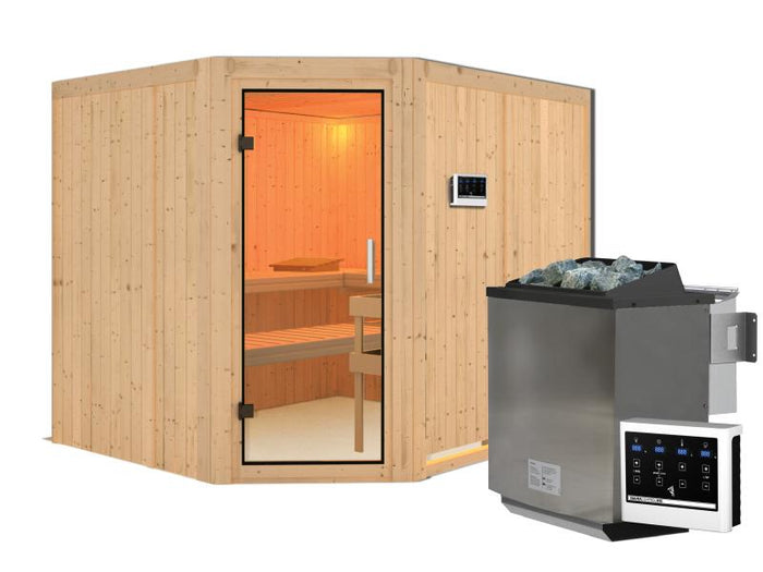 Karibu Sauna Malin inkl. 9 kW Bio Ofen mit ext. Steuerung, ohne Dachkranz, mit Klarglas Ganzglastür