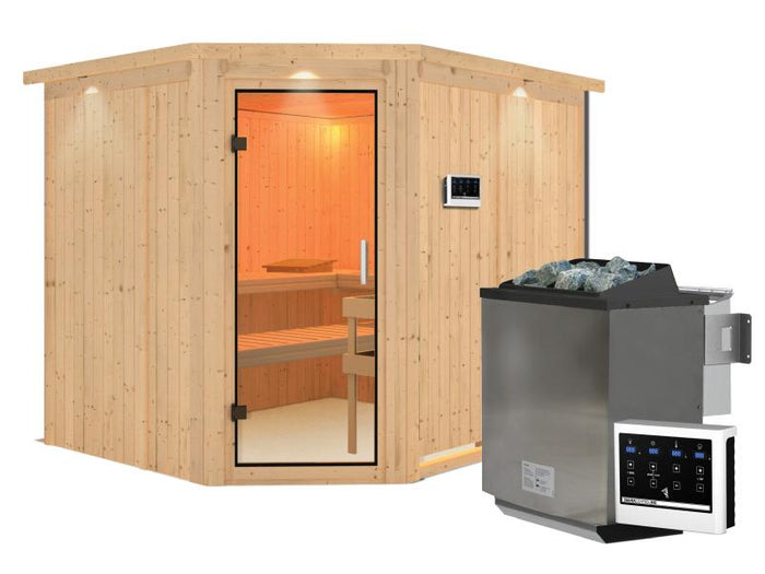 Karibu Sauna Malin inkl. 9 kW Bio Ofen mit ext. Steuerung, mit Dachkranz, mit Klarglas Ganzglastür