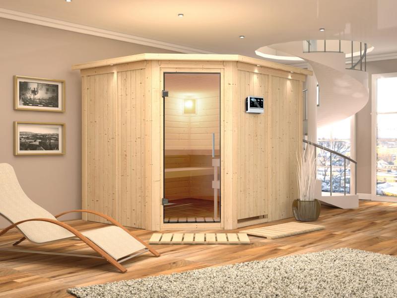 Karibu Sauna Malin inkl. 9 kW Bio Ofen mit ext. Steuerung, mit Dachkranz, mit Klarglas Ganzglastür