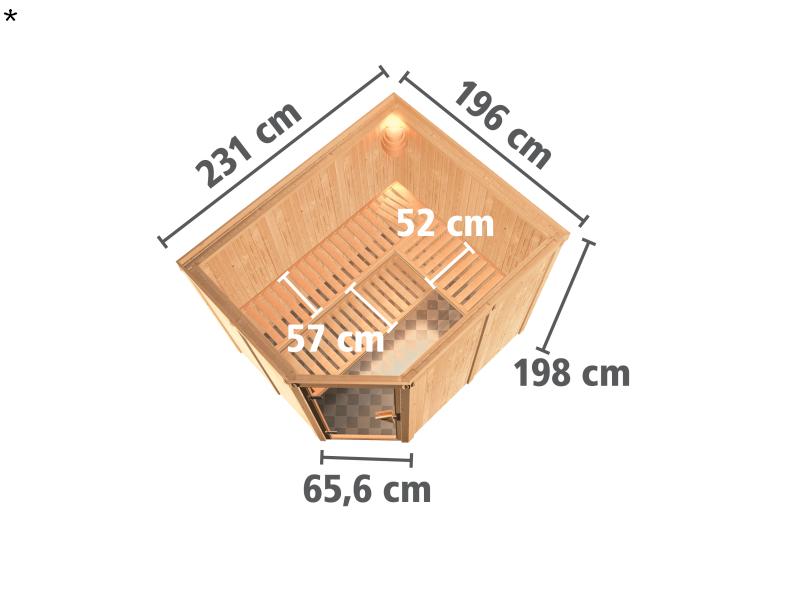 Karibu Sauna Malin inkl. 9-kW-Bioofen mit externer Steuerung, ohne Dachkranz, mit moderner Saunatür
