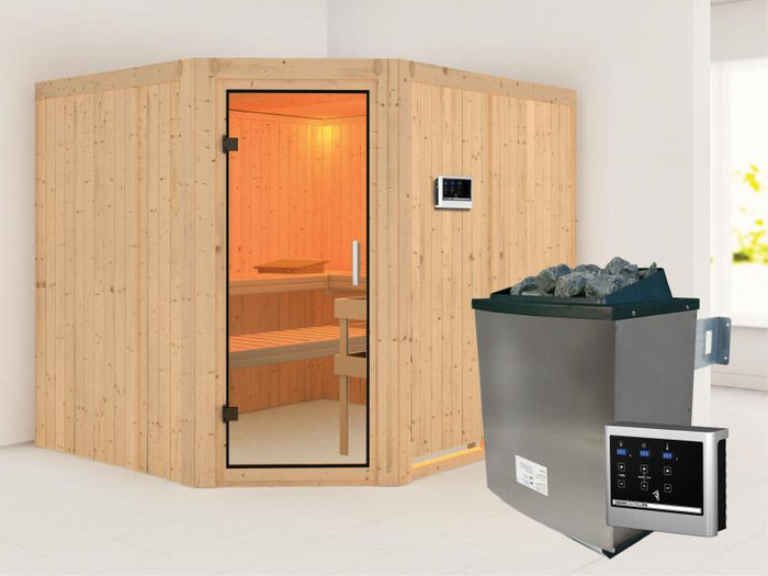 Karibu Sauna Malin inkl. 9 kW Ofen mit ext. Steuerung, ohne Dachkranz, mit Klarglas Ganzglastür