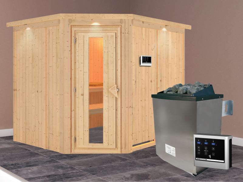 Karibu Sauna Malin inkl. 9-kW-Ofen mit externer Steuerung, mit Dachkranz, mit energiesparender Sauna