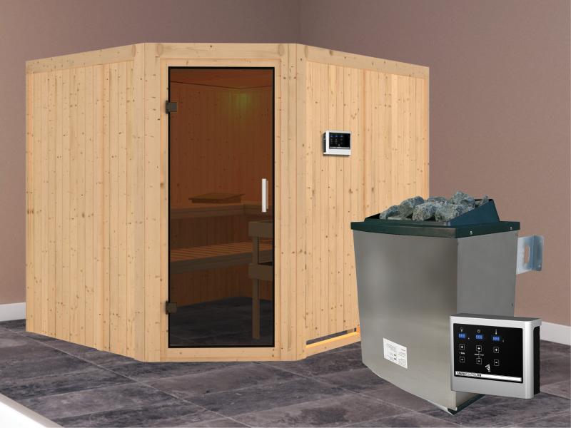 Karibu Sauna Malin inkl. 9-kW-Ofen mit externer Steuerung, ohne Dachkranz, mit moderner Saunatür