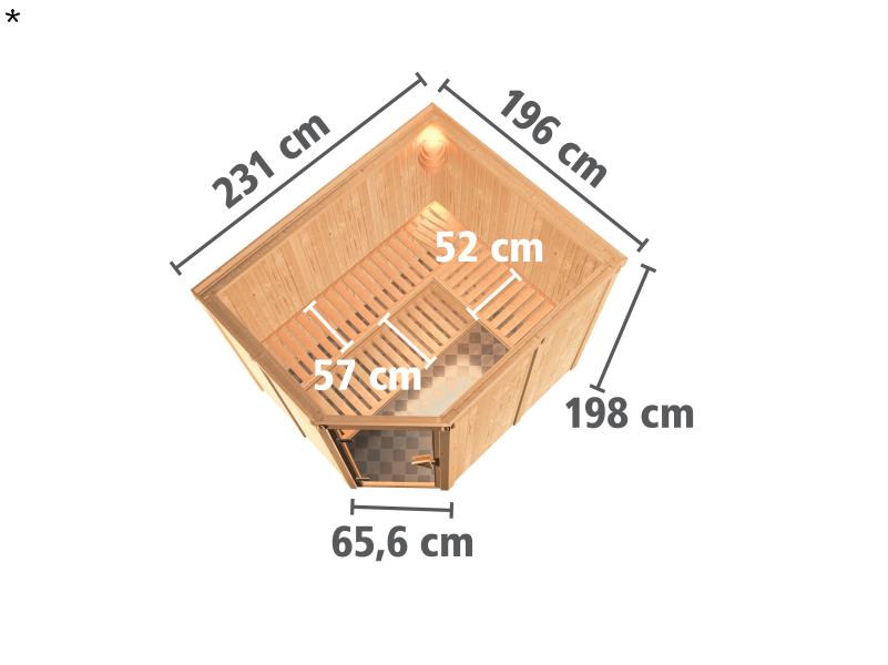 Karibu Sauna Malin inkl. 9-kW-Ofen mit externer Steuerung, ohne Dachkranz, mit moderner Saunatür