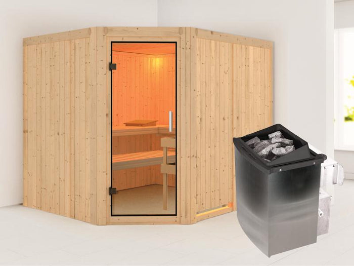 Karibu Sauna Malin inkl. 9 kW Ofen mit int. Steuerung, ohne Dachkranz, mit Klarglas Ganzglastür