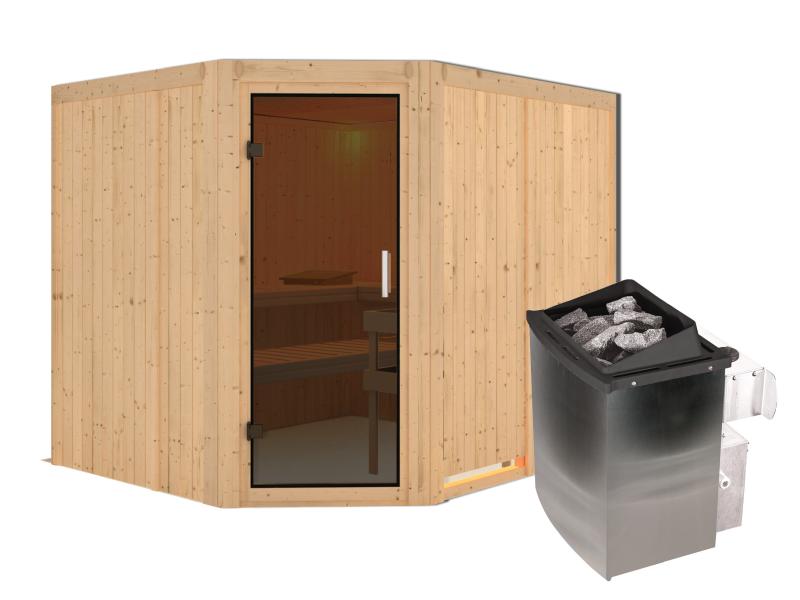Karibu Sauna Malin inkl. 9-kW-Ofen mit interner Steuerung, ohne Dachkranz, mit moderner Saunatür