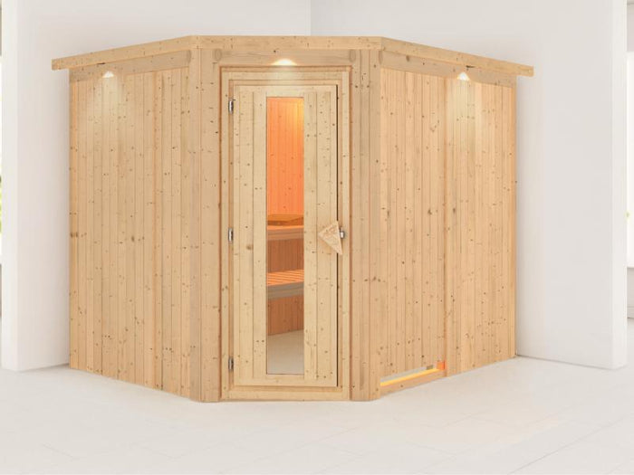 Karibu Sauna Malin ohne Ofen, mit Dachkranz, mit energiesparender Saunatür