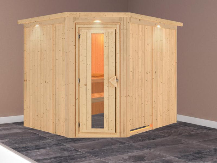 Karibu Sauna Malin ohne Ofen, mit Dachkranz, mit energiesparender Saunatür