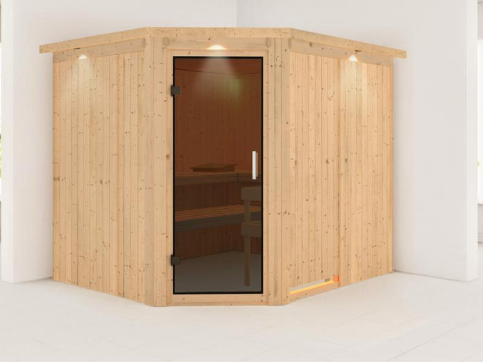 Karibu Sauna Malin ohne Ofen, mit Dachkranz, mit moderner Saunatür