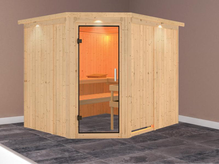 Karibu Sauna Malin ohne Ofen, mit Dachkranz, mit Klarglas Ganzglastür