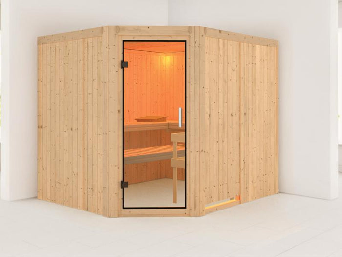 Karibu Sauna Malin ohne Ofen, ohne Dachkranz, mit Klarglas Ganzglastür