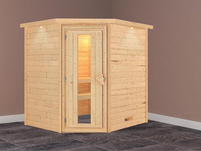 Karibu Sauna Mia 38 mm mit Dachkranz- ohne Ofen- energiesparende Saunatür
