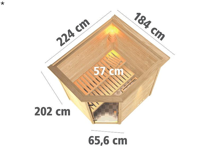 Karibu Sauna Mia 38 mm mit Dachkranz- ohne Ofen- energiesparende Saunatür