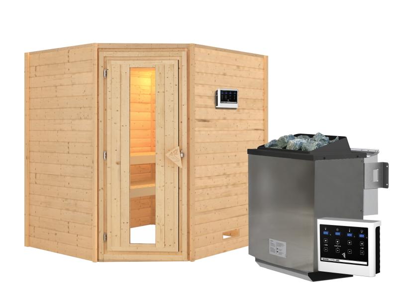 Karibu Sauna Mia inkl. 9 kW Bioofen ext. Steuerung, mit energiesparender Saunatür -ohne Dachkranz-