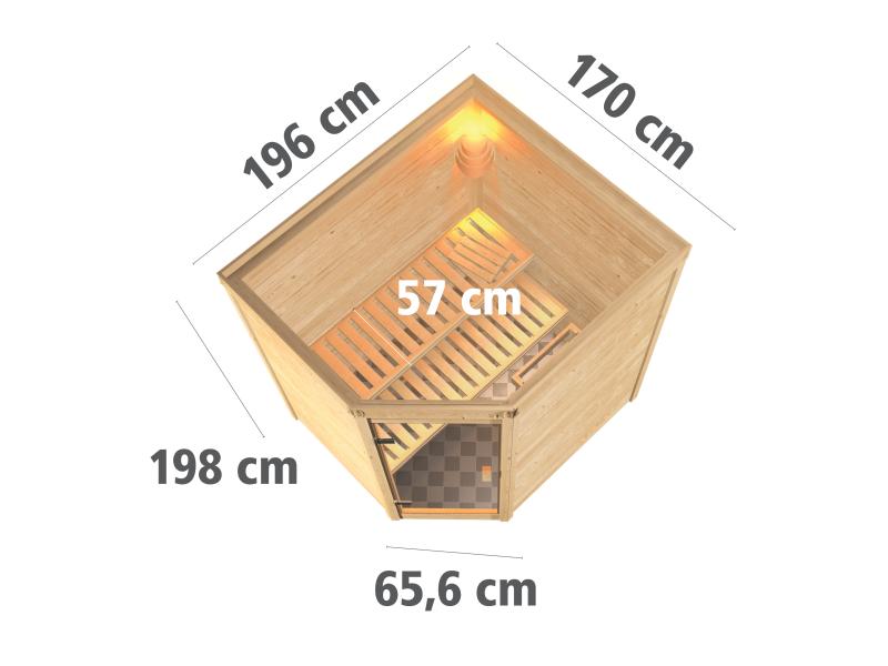 Karibu Sauna Mia inkl. 9 kW Bioofen ext. Steuerung, mit energiesparender Saunatür -ohne Dachkranz-