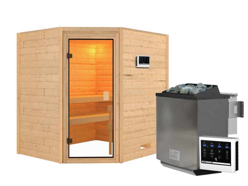 Karibu Sauna Mia inkl. 9 kW Bioofen ext. Steuerung, mit klassischer Saunatür -ohne Dachkranz-