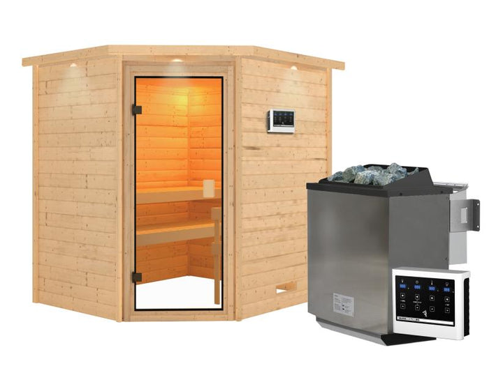 Karibu Sauna Mia inkl. 9 kW Bioofen ext. Steuerung, mit klassischer Saunatür -mit Dachkranz-