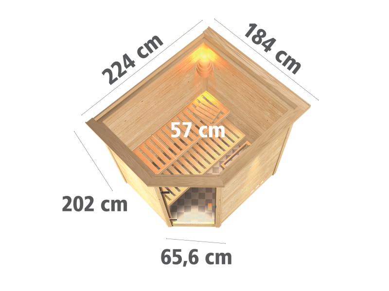 Karibu Sauna Mia inkl. 9 kW Bioofen ext. Steuerung, mit moderner Tür -mit Dachkranz-