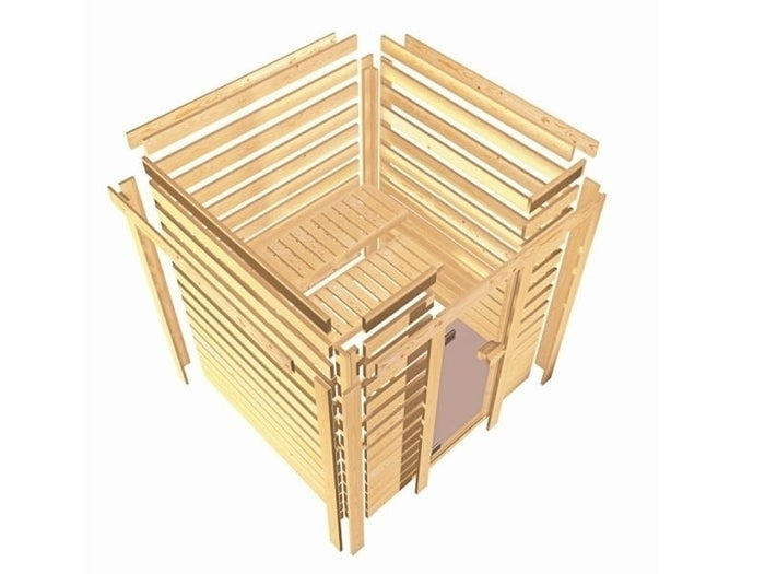 Karibu Sauna Mia inkl. 9 kW Bioofen ext. Steuerung, mit Klarglas Ganzglassaunatür -ohne Dachkranz-