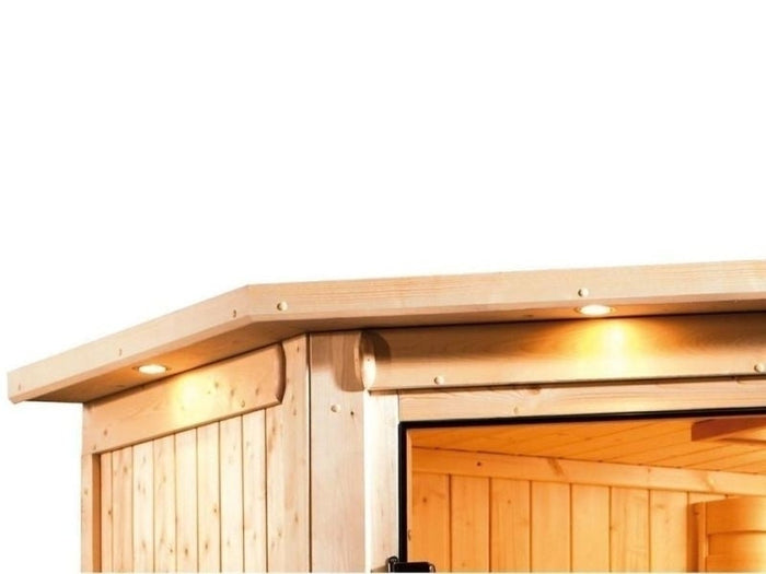 Karibu Sauna Mia inkl. 9 kW Bioofen ext. Steuerung, mit Klarglas Ganzglassaunatür -mit Dachkranz-