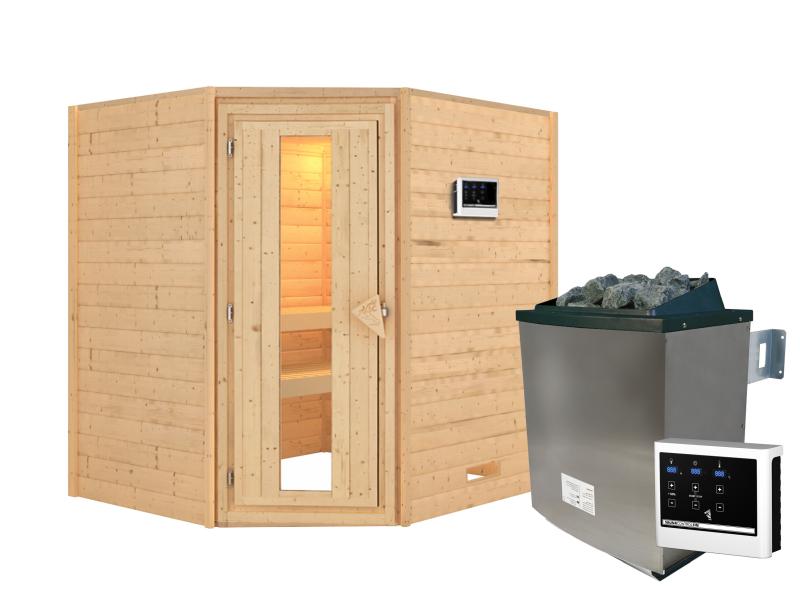 Karibu Sauna Mia inkl. 9 kW Ofen ext. Steuerung, mit energiesparender Saunatür -ohne Dachkranz-