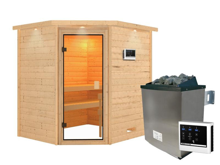 Karibu Sauna Mia inkl. 9 kW Ofen ext. Steuerung, mit klassischer Saunatür -mit Dachkranz-