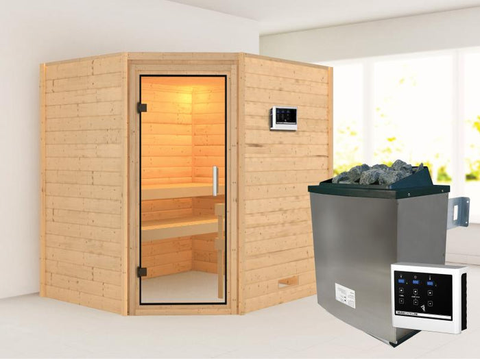 Karibu Sauna Mia inkl. 9 kW Ofen ext. Steuerung, mit Klarglas Ganzglassaunatür -ohne Dachkranz-