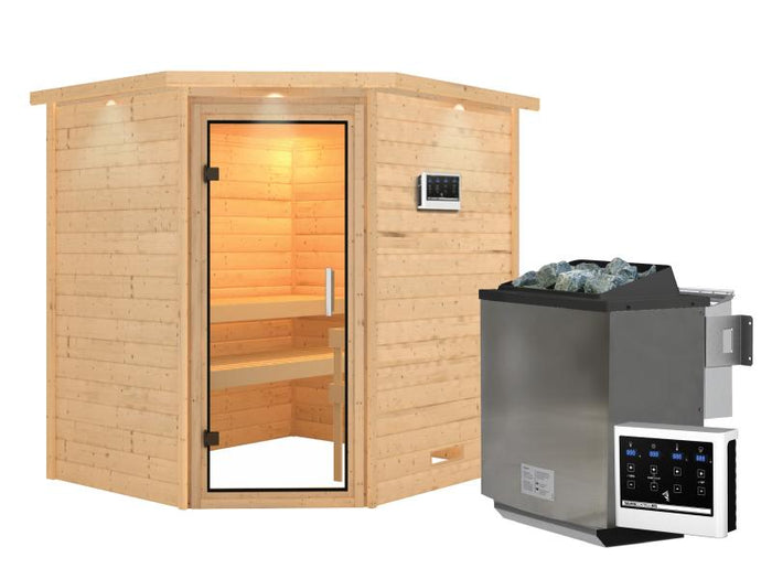 Karibu Sauna Mia inkl. 9 kW Ofen ext. Steuerung, mit Klarglas Ganzglassaunatür -mit Dachkranz-