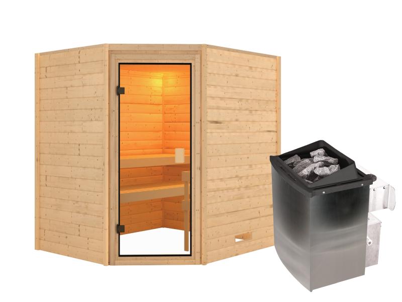 Karibu Sauna Mia inkl.  9 kW Ofen integr. Steuerung, mit klassischer Saunatür -ohne Dachkranz-