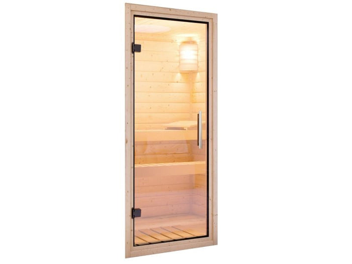 Karibu Sauna Mia inkl. 9 kW Ofen integr. Steuerung, mit Klarglas Ganzglassaunatür -ohne Dachkranz-