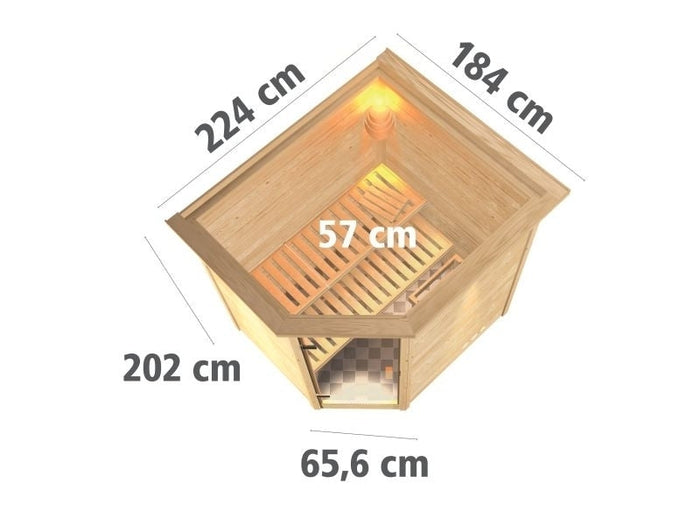 Karibu Sauna Mia inkl. 9 kW Ofen integr. Steuerung, mit Klarglassaunatür -mit Dachkranz-