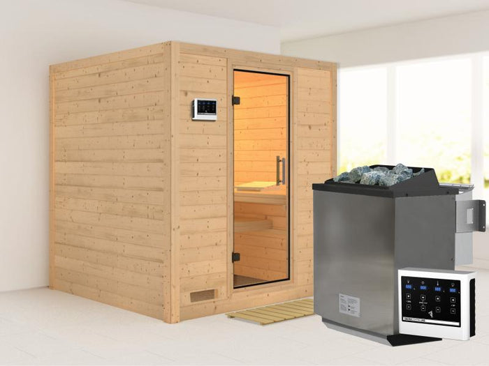 Karibu Sauna Mojave inkl. 9 kW Bio Ofen mit ext. Steuerung, ohne Dachkranz, mit Klarglas Ganzglastür