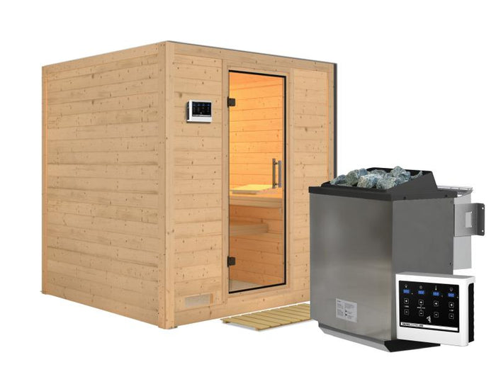 Karibu Sauna Mojave inkl. 9 kW Bio Ofen mit ext. Steuerung, ohne Dachkranz, mit Klarglas Ganzglastür