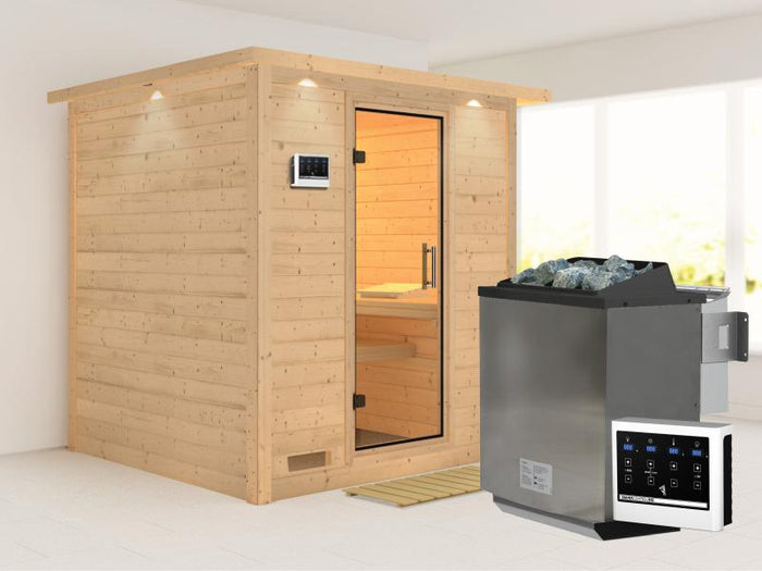 Karibu Sauna Mojave inkl. 9 kW Bio Ofen mit ext. Steuerung, mit Dachkranz, mit Klarglas Ganzglastür