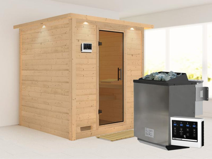 Karibu Sauna Mojave inkl. 9-kW-Bioofen mit externer Steuerung, mit Dachkranz, mit moderner Saunatür