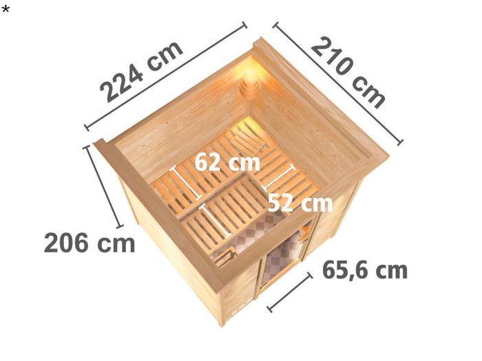 Karibu Sauna Mojave inkl. 9-kW-Bioofen mit externer Steuerung, mit Dachkranz, mit moderner Saunatür