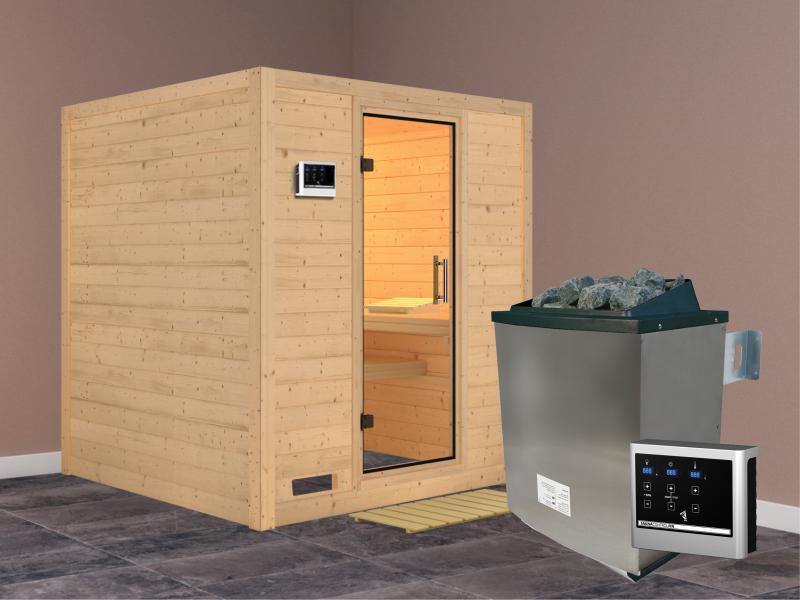 Karibu Sauna Mojave inkl. 9 kW Ofen mit ext. Steuerung, ohne Dachkranz, mit Klarglas Ganzglastür