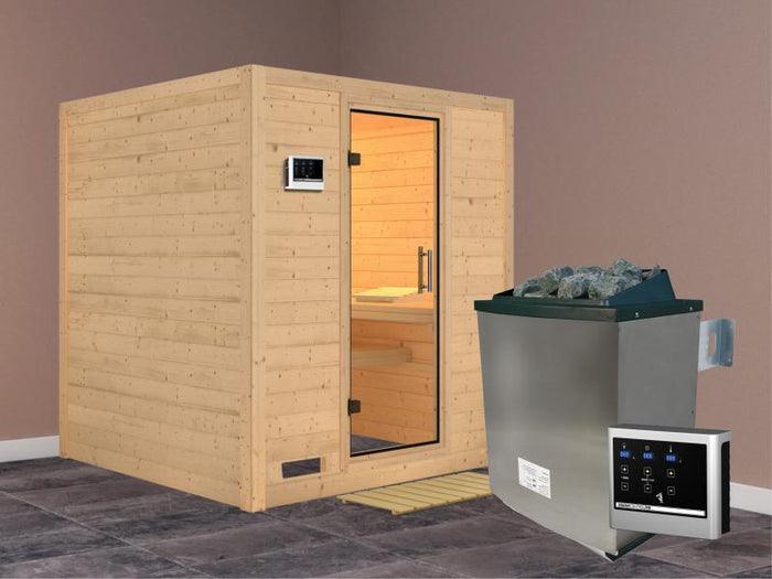 Karibu Sauna Mojave inkl. 9 kW Ofen mit ext. Steuerung, ohne Dachkranz, mit Klarglas Ganzglastür