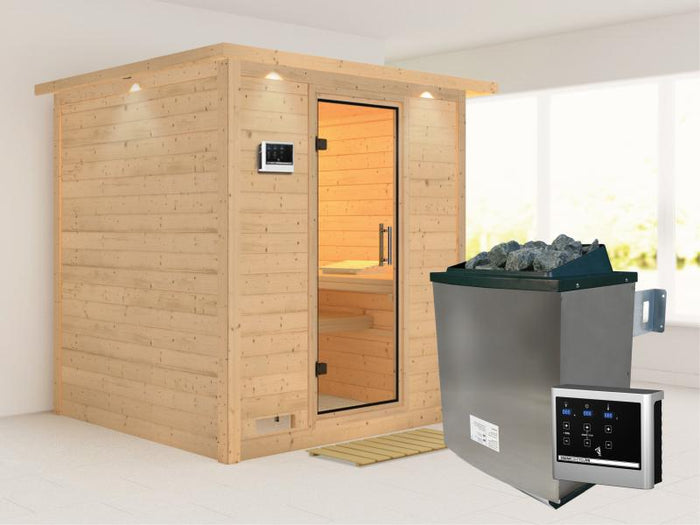 Karibu Sauna Mojave inkl. 9 kW Ofen mit ext. Steuerung, mit Dachkranz, mit Klarglas Ganzglastür