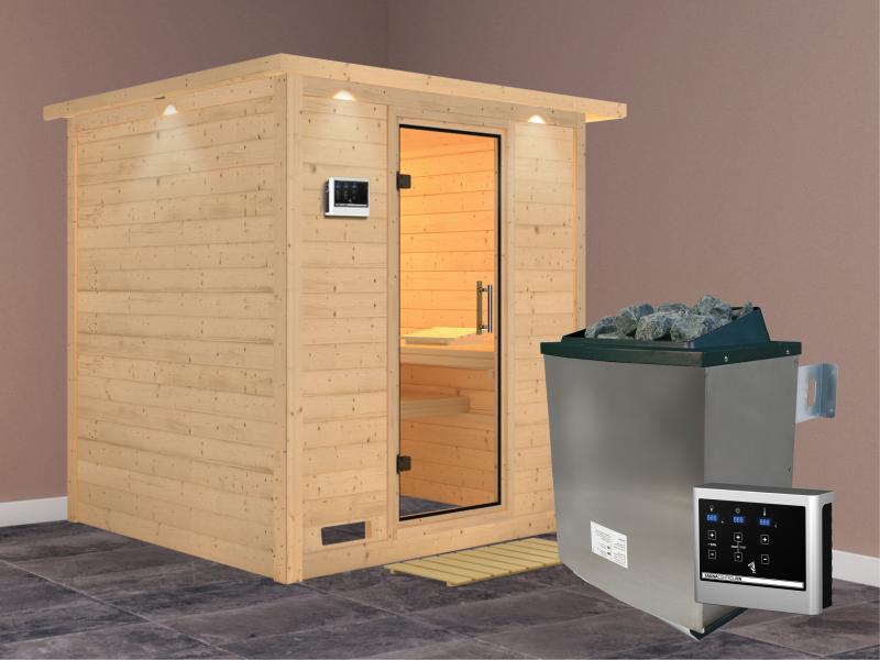 Karibu Sauna Mojave inkl. 9 kW Ofen mit ext. Steuerung, mit Dachkranz, mit Klarglas Ganzglastür