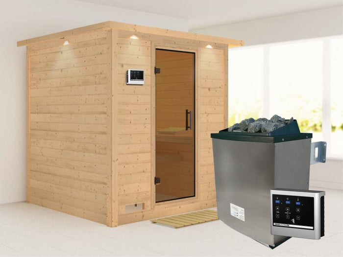 Karibu Sauna Mojave inkl. 9-kW-Ofen mit externer Steuerung, mit Dachkranz, mit moderner Saunatür