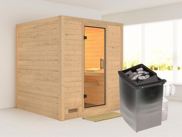 Karibu Sauna Mojave inkl. 9 kW Ofen mit int. Steuerung, ohne Dachkranz, mit Klarglas Ganzglastür