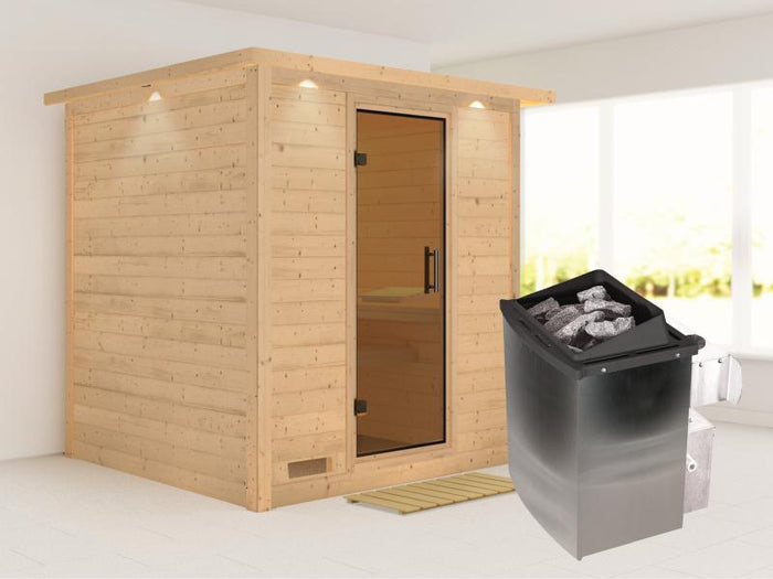 Karibu Sauna Mojave inkl. 9-kW-Ofen mit interner Steuerung, mit Dachkranz, mit moderner Saunatür