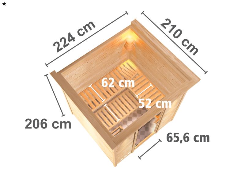 Karibu Sauna Mojave inkl. 9-kW-Ofen mit interner Steuerung, mit Dachkranz, mit moderner Saunatür