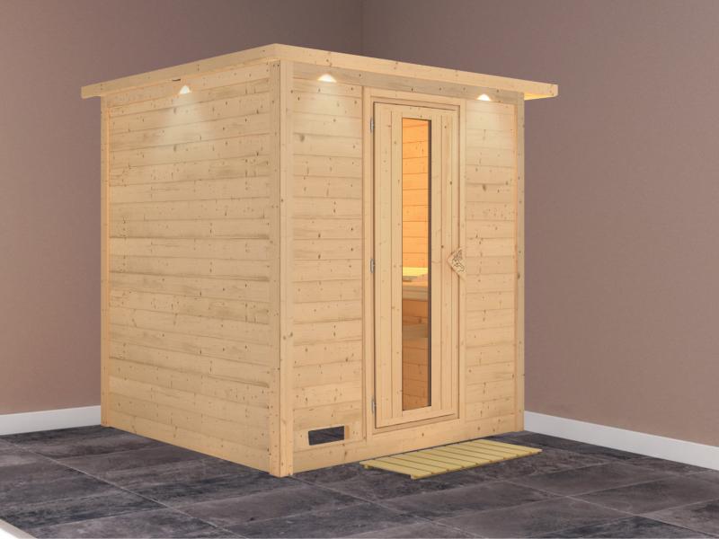 Karibu Sauna Mojave ohne Ofen, mit Dachkranz, mit energiesparender Saunatür