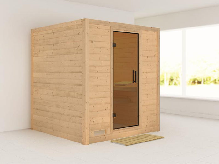 Karibu Sauna Mojave ohne Ofen, ohne Dachkranz, mit moderner Saunatür