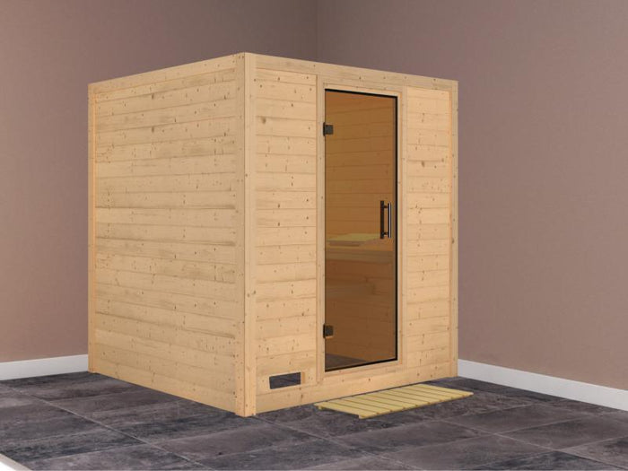 Karibu Sauna Mojave ohne Ofen, ohne Dachkranz, mit moderner Saunatür