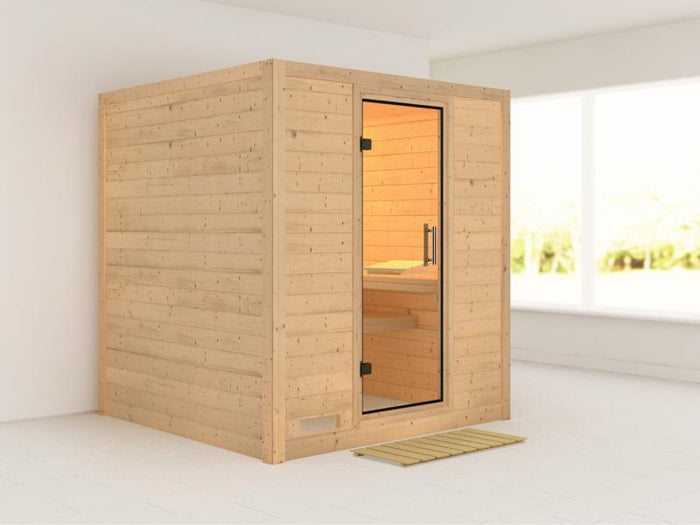 Karibu Sauna Mojave ohne Ofen, ohne Dachkranz, mit Klarglas Ganzglastür