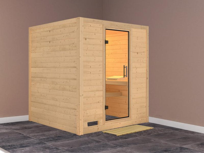 Karibu Sauna Mojave ohne Ofen, ohne Dachkranz, mit Klarglas Ganzglastür