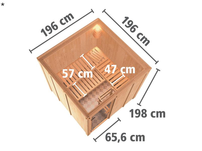 Karibu Sauna Rodin inkl. 9 kW Bio Ofen mit ext. Steuerung, ohne Dachkranz, mit Klarglas Ganzglastür